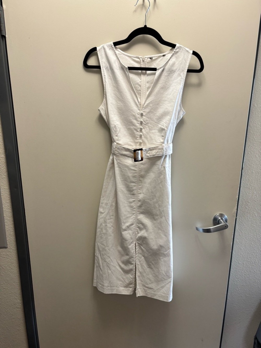 Cotton/Linen White Sleeveless V-Neck Midi Dress with Belt